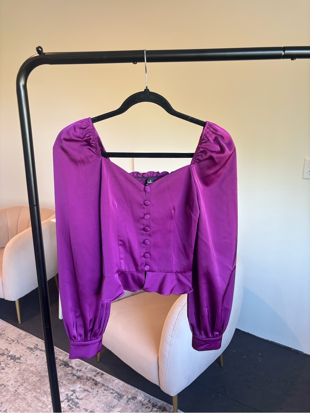 Lulu's Magenta Puff Sleeve Satin Blouse